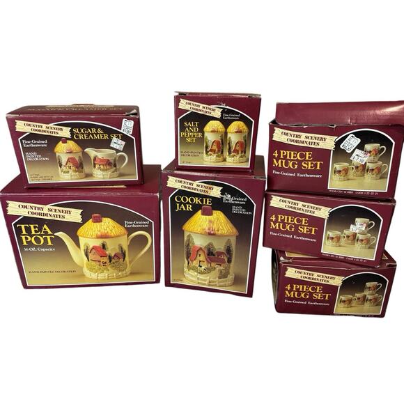 Vintage Country Scene Earthenware 18 Pc. Dish Set Farmhouse Mugs Teapot Cookie - Picture 1 of 12